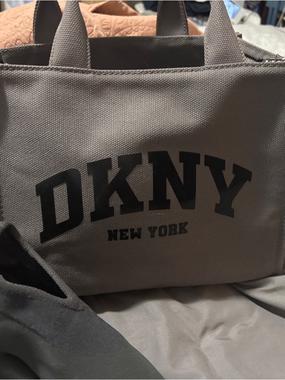 DKNY Gray Canvas Messenger Bag with Black Logo